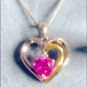 SILVER HEART PENDANT & NECKLACE W/PINK HEART STONE